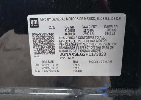 2023 Chevrolet Equinox Awd Ls z USA, uszkodzony, nr VIN 3GNAXSEG2PL173833